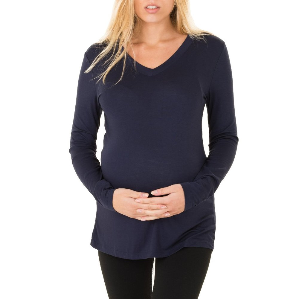 Caramel Cantina Maternity Soft Long Sleeve V-Neck Shirt Navy CC807 New NWT